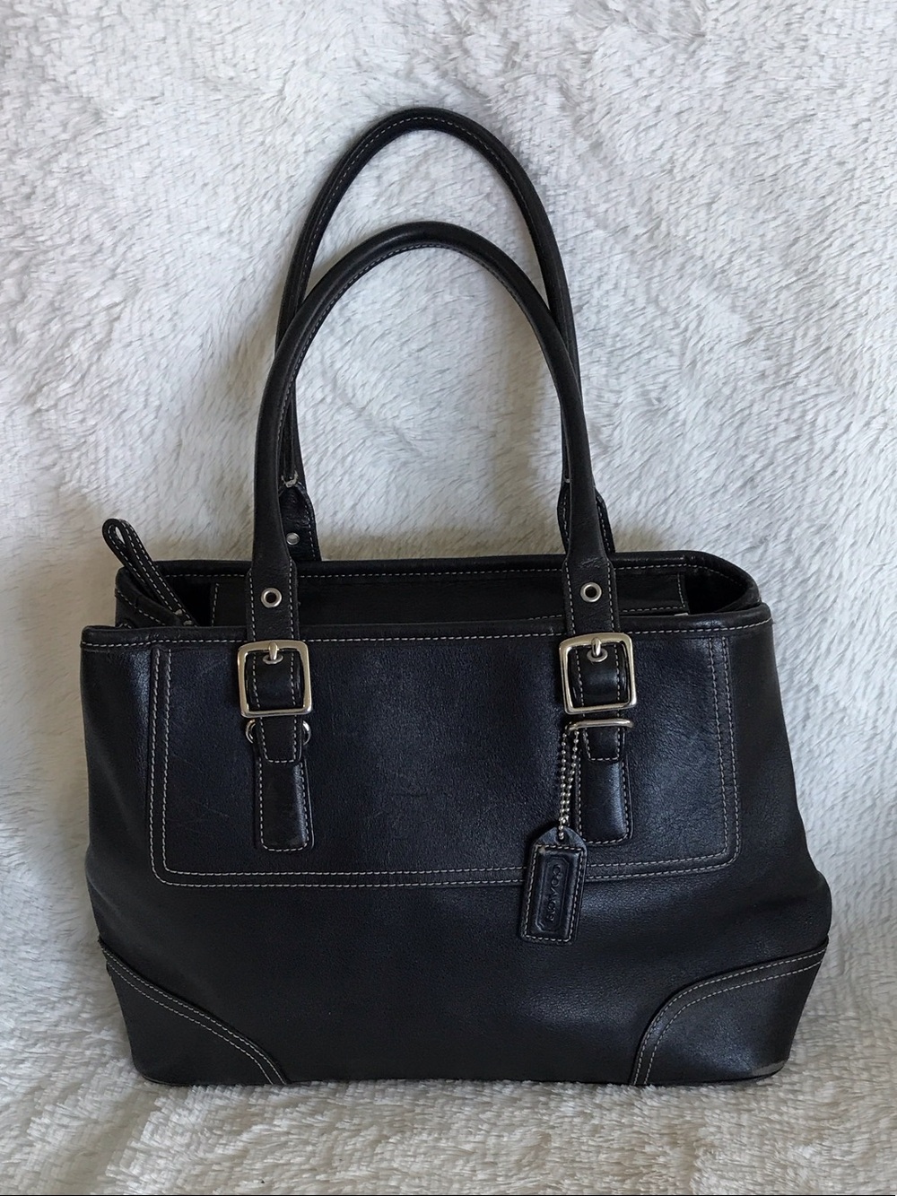 Coach Black Leather Tote with Silver Hardware